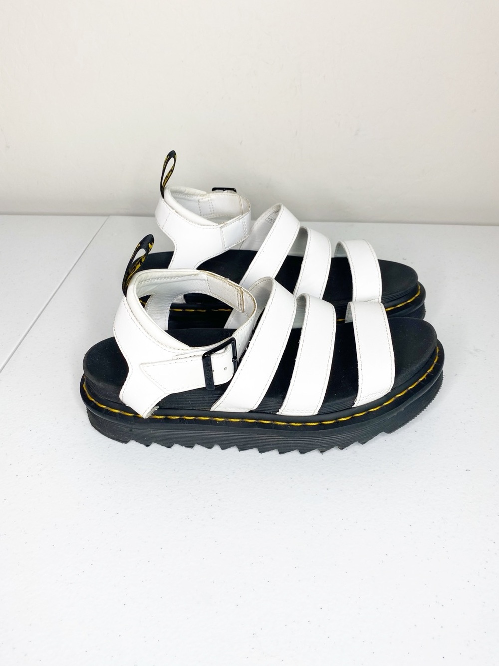 Dr. Martens White Triple-Strap Platform Sandals with Black Footbed